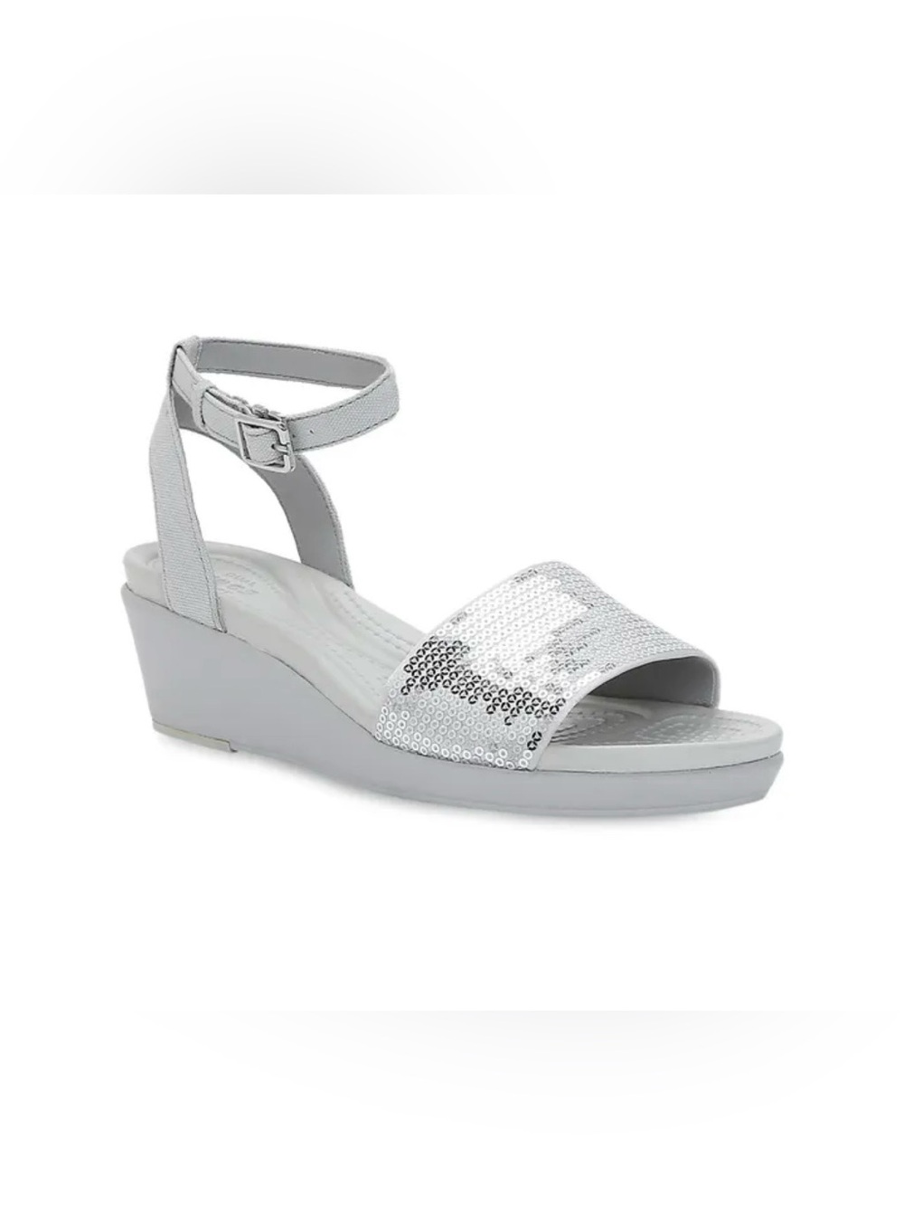 NWT Crocs Womens Leigh Ann Sandal Size 9 Silver Sequin Wedge Ankle Strap